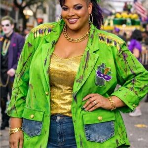 Festive Green Blazer with Denim Details